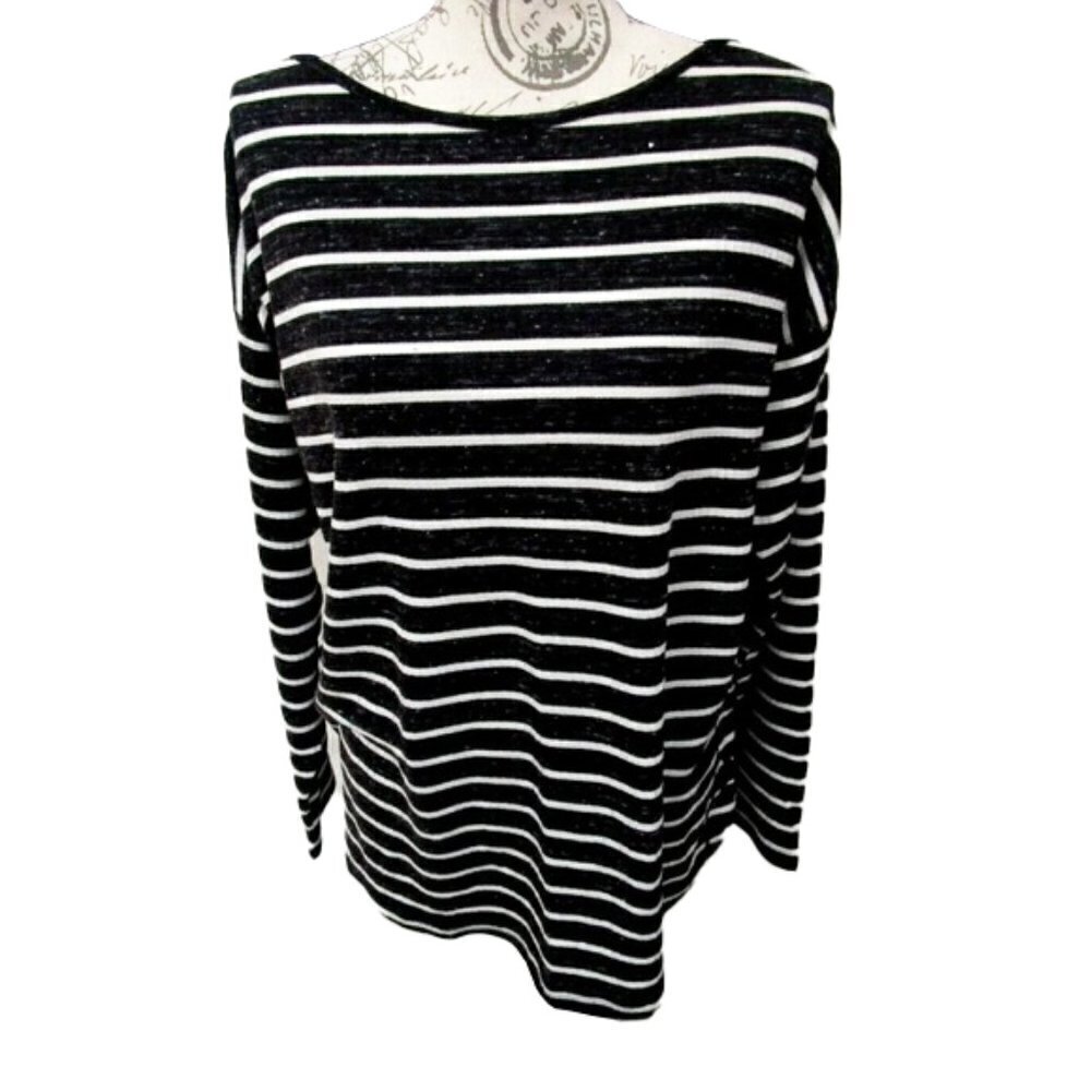 ❤️ 🆕 CHAPS BLACK/WHITE STRIPE LONG SLEEVE SIDE LACE UP-KNIT Top Size XXL